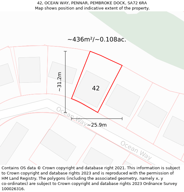 42, OCEAN WAY, PENNAR, PEMBROKE DOCK, SA72 6RA: Plot and title map