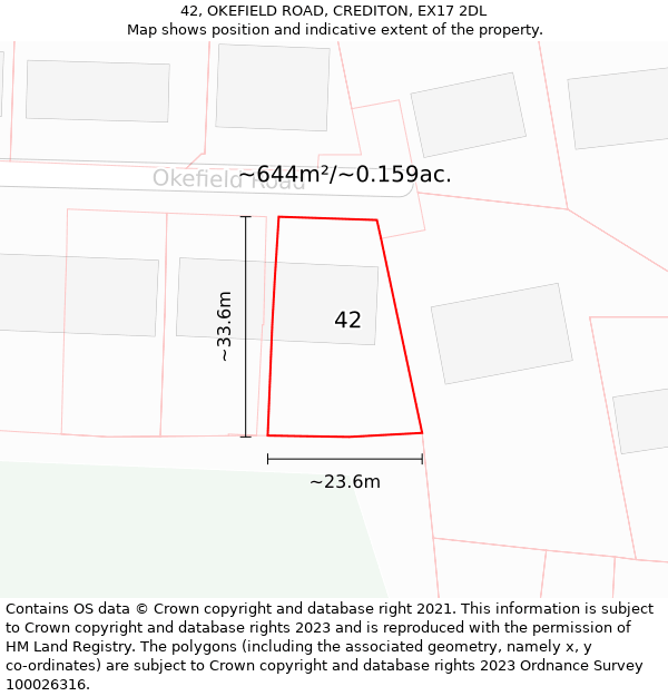 42, OKEFIELD ROAD, CREDITON, EX17 2DL: Plot and title map