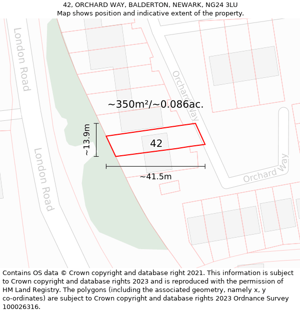 42, ORCHARD WAY, BALDERTON, NEWARK, NG24 3LU: Plot and title map