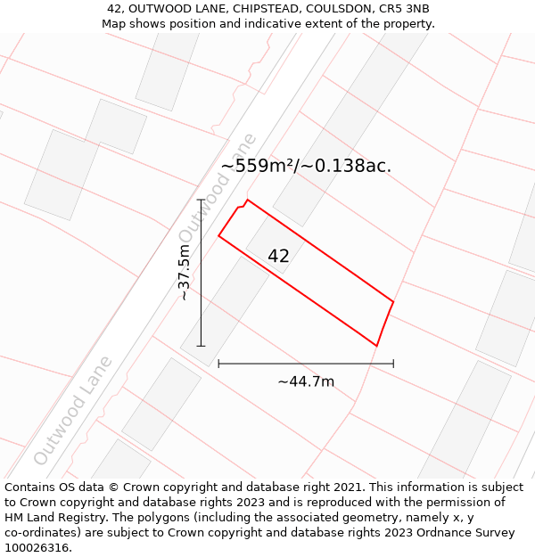 42, OUTWOOD LANE, CHIPSTEAD, COULSDON, CR5 3NB: Plot and title map