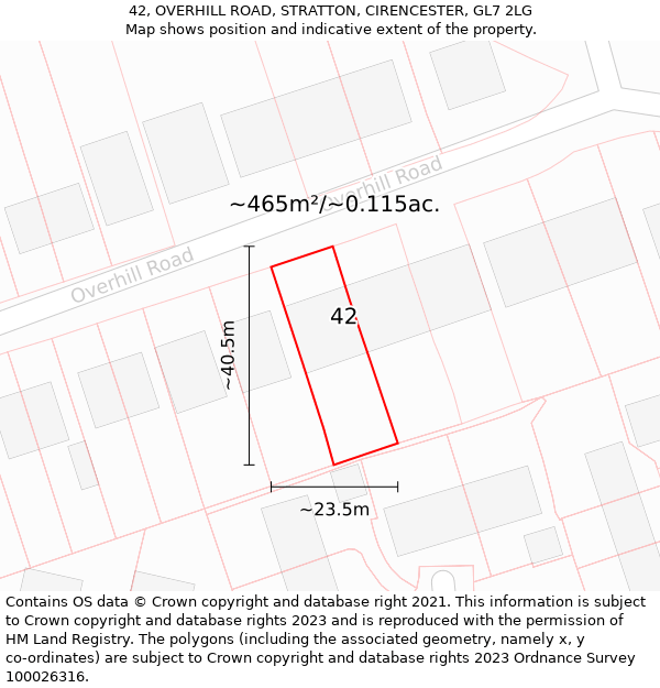 42, OVERHILL ROAD, STRATTON, CIRENCESTER, GL7 2LG: Plot and title map