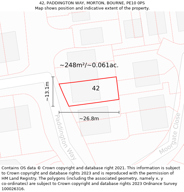 42, PADDINGTON WAY, MORTON, BOURNE, PE10 0PS: Plot and title map