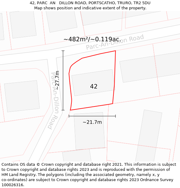 42, PARC  AN   DILLON ROAD, PORTSCATHO, TRURO, TR2 5DU: Plot and title map