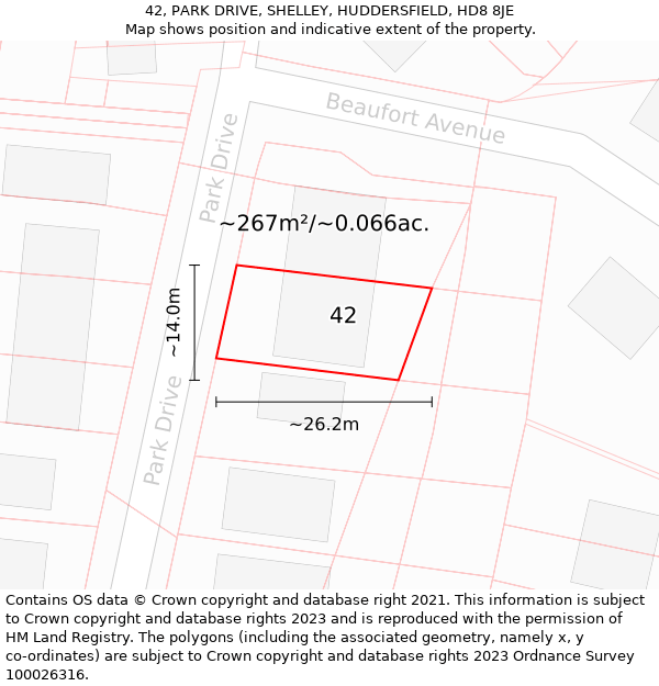 42, PARK DRIVE, SHELLEY, HUDDERSFIELD, HD8 8JE: Plot and title map