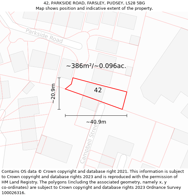 42, PARKSIDE ROAD, FARSLEY, PUDSEY, LS28 5BG: Plot and title map