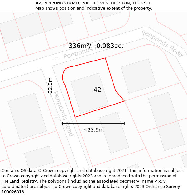 42, PENPONDS ROAD, PORTHLEVEN, HELSTON, TR13 9LL: Plot and title map