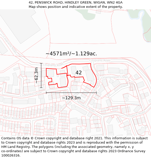 42, PENSWICK ROAD, HINDLEY GREEN, WIGAN, WN2 4GA: Plot and title map