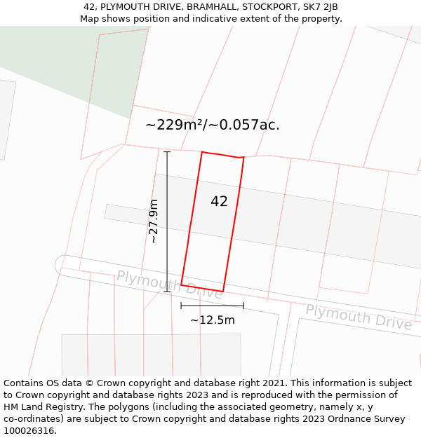 42, PLYMOUTH DRIVE, BRAMHALL, STOCKPORT, SK7 2JB: Plot and title map