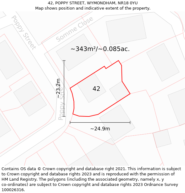 42, POPPY STREET, WYMONDHAM, NR18 0YU: Plot and title map