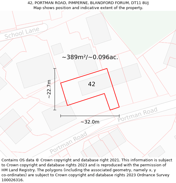 42, PORTMAN ROAD, PIMPERNE, BLANDFORD FORUM, DT11 8UJ: Plot and title map