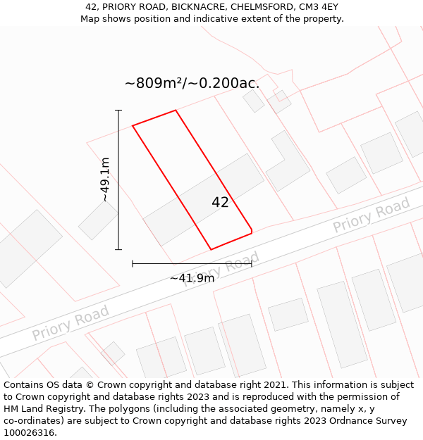 42, PRIORY ROAD, BICKNACRE, CHELMSFORD, CM3 4EY: Plot and title map