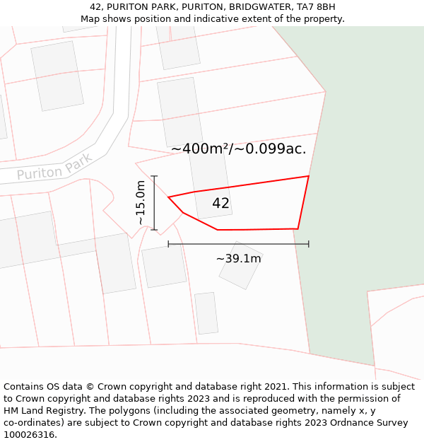 42, PURITON PARK, PURITON, BRIDGWATER, TA7 8BH: Plot and title map