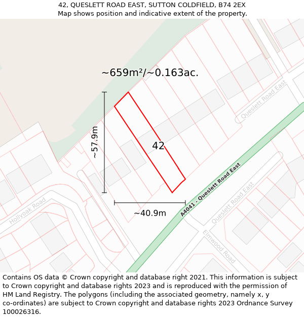 42, QUESLETT ROAD EAST, SUTTON COLDFIELD, B74 2EX: Plot and title map