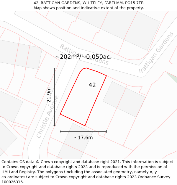 42, RATTIGAN GARDENS, WHITELEY, FAREHAM, PO15 7EB: Plot and title map