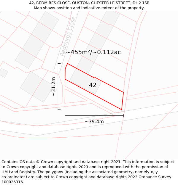 42, REDMIRES CLOSE, OUSTON, CHESTER LE STREET, DH2 1SB: Plot and title map