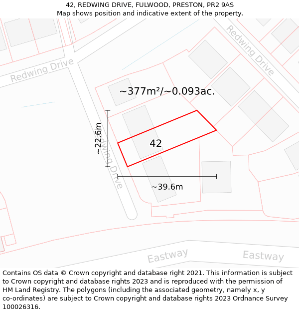 42, REDWING DRIVE, FULWOOD, PRESTON, PR2 9AS: Plot and title map