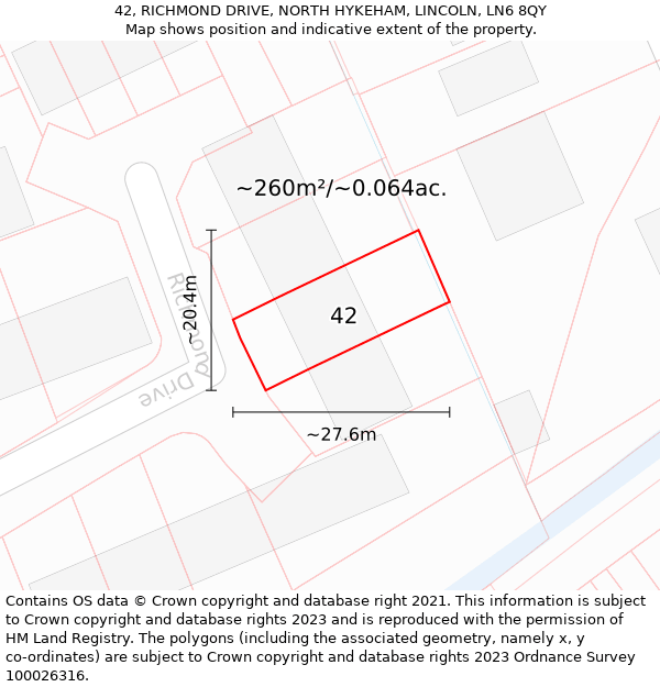 42, RICHMOND DRIVE, NORTH HYKEHAM, LINCOLN, LN6 8QY: Plot and title map