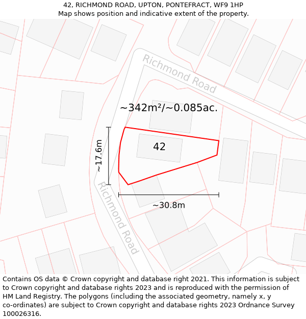 42, RICHMOND ROAD, UPTON, PONTEFRACT, WF9 1HP: Plot and title map