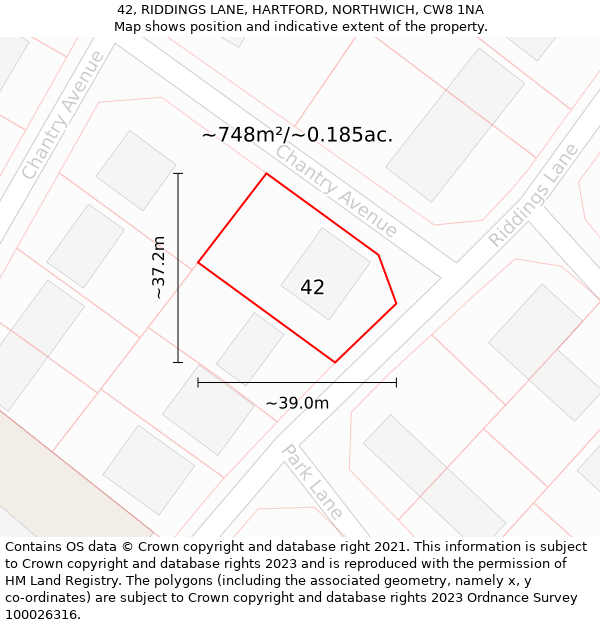 42, RIDDINGS LANE, HARTFORD, NORTHWICH, CW8 1NA: Plot and title map