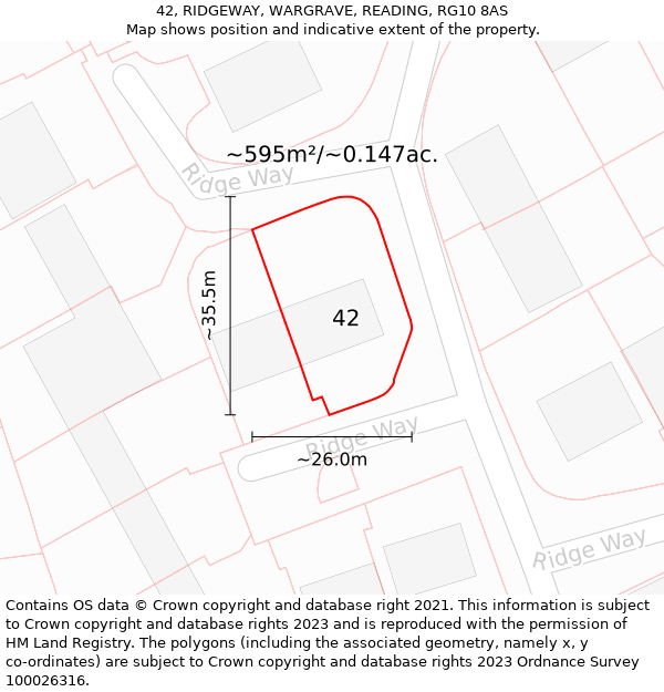 42, RIDGEWAY, WARGRAVE, READING, RG10 8AS: Plot and title map