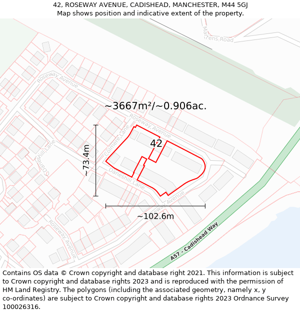 42, ROSEWAY AVENUE, CADISHEAD, MANCHESTER, M44 5GJ: Plot and title map