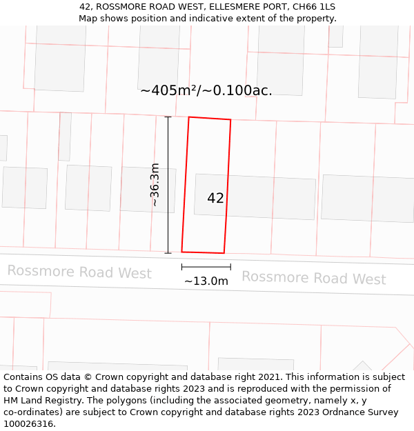 42, ROSSMORE ROAD WEST, ELLESMERE PORT, CH66 1LS: Plot and title map