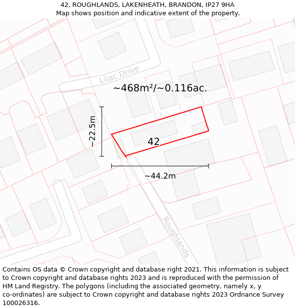 42, ROUGHLANDS, LAKENHEATH, BRANDON, IP27 9HA: Plot and title map