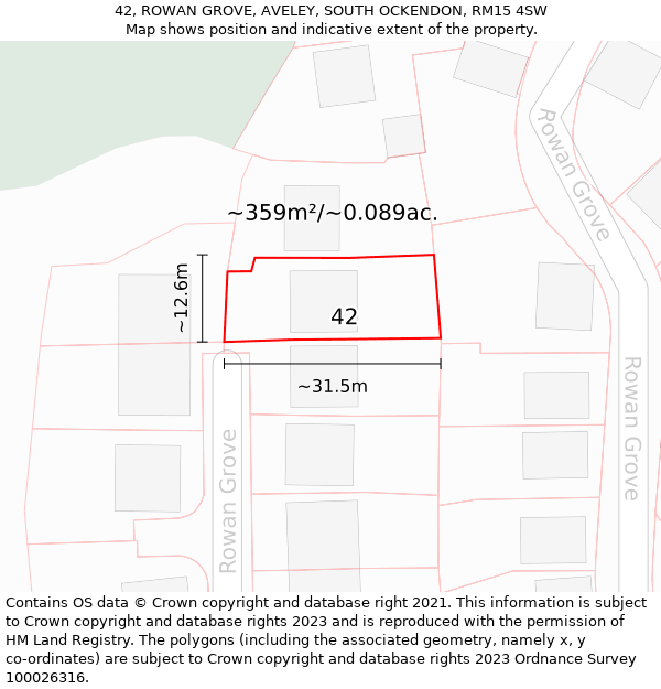 42, ROWAN GROVE, AVELEY, SOUTH OCKENDON, RM15 4SW: Plot and title map