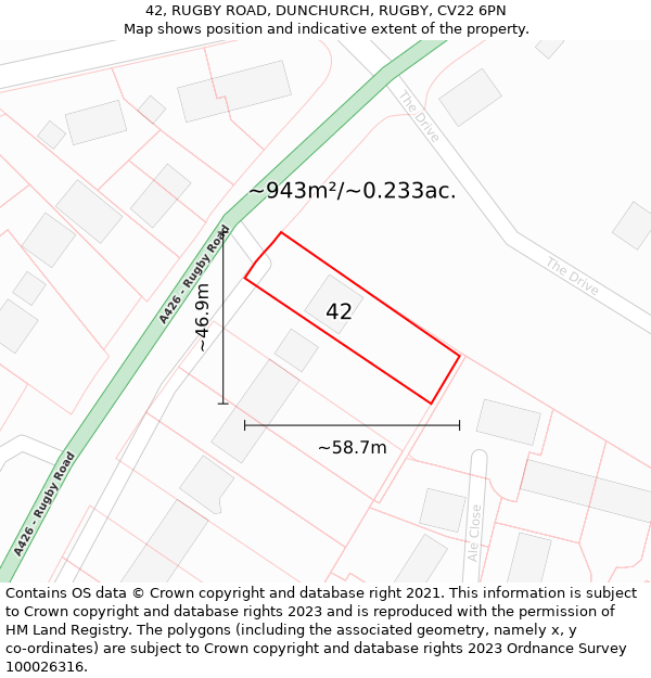 42, RUGBY ROAD, DUNCHURCH, RUGBY, CV22 6PN: Plot and title map