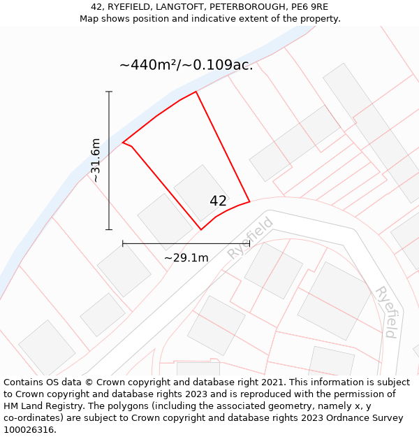 42, RYEFIELD, LANGTOFT, PETERBOROUGH, PE6 9RE: Plot and title map