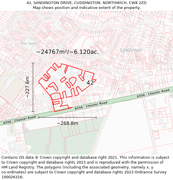 42, SANDINGTON DRIVE, CUDDINGTON, NORTHWICH, CW8 2ZD: Plot and title map