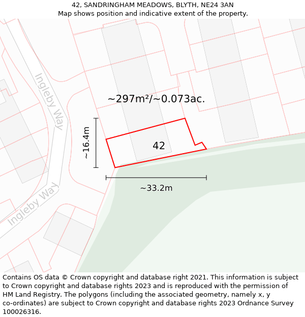 42, SANDRINGHAM MEADOWS, BLYTH, NE24 3AN: Plot and title map