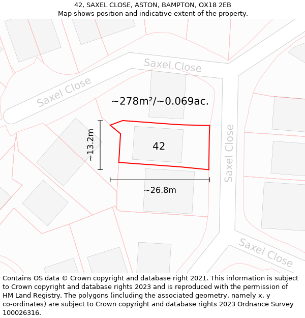 42, SAXEL CLOSE, ASTON, BAMPTON, OX18 2EB: Plot and title map