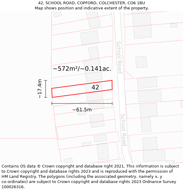 42, SCHOOL ROAD, COPFORD, COLCHESTER, CO6 1BU: Plot and title map