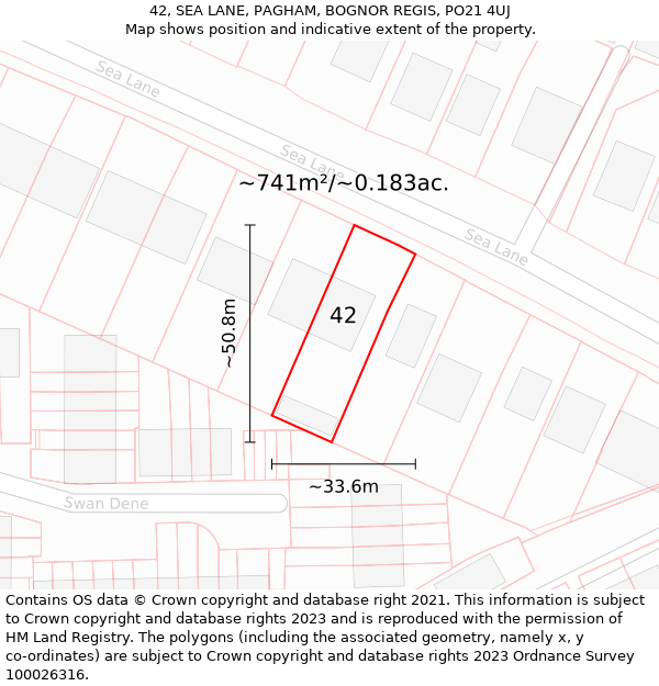 42, SEA LANE, PAGHAM, BOGNOR REGIS, PO21 4UJ: Plot and title map