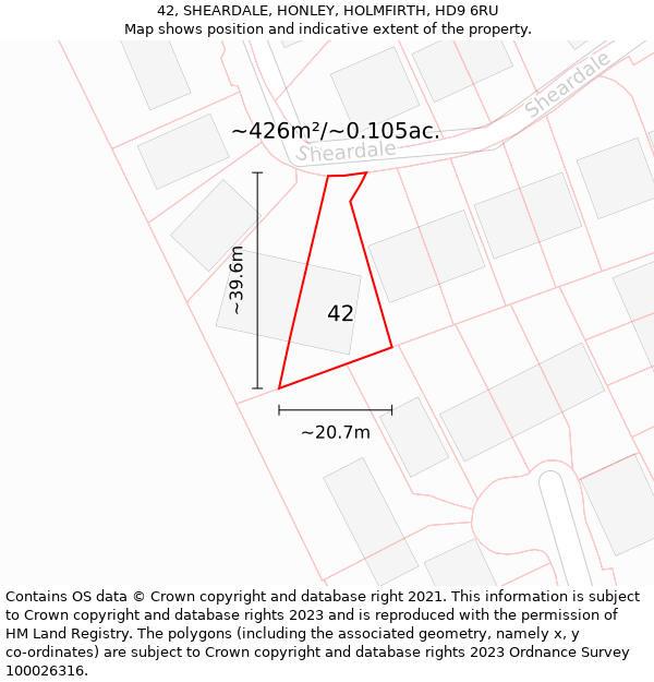 42, SHEARDALE, HONLEY, HOLMFIRTH, HD9 6RU: Plot and title map