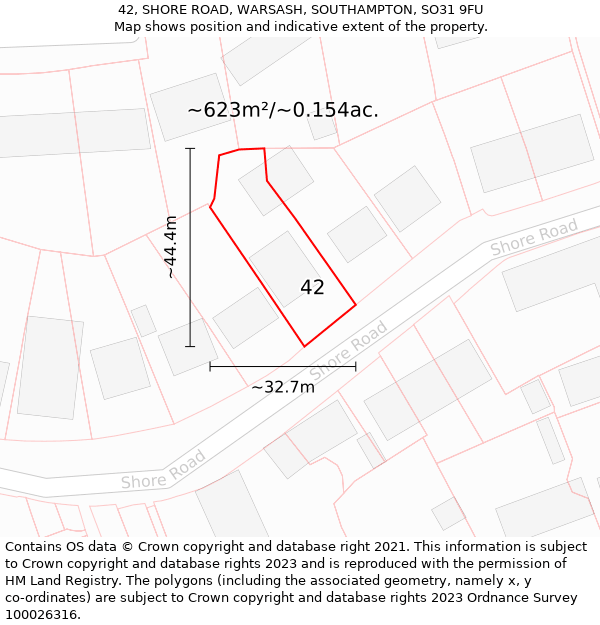 42, SHORE ROAD, WARSASH, SOUTHAMPTON, SO31 9FU: Plot and title map