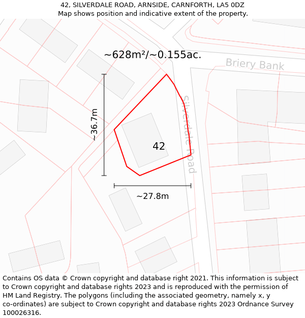 42, SILVERDALE ROAD, ARNSIDE, CARNFORTH, LA5 0DZ: Plot and title map