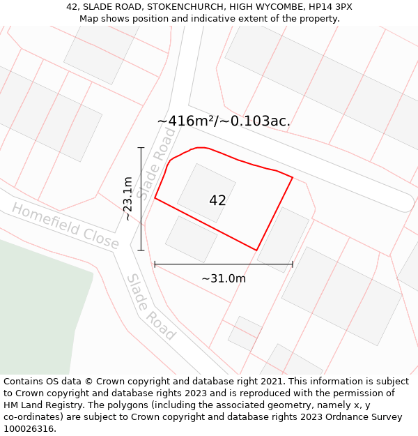 42, SLADE ROAD, STOKENCHURCH, HIGH WYCOMBE, HP14 3PX: Plot and title map