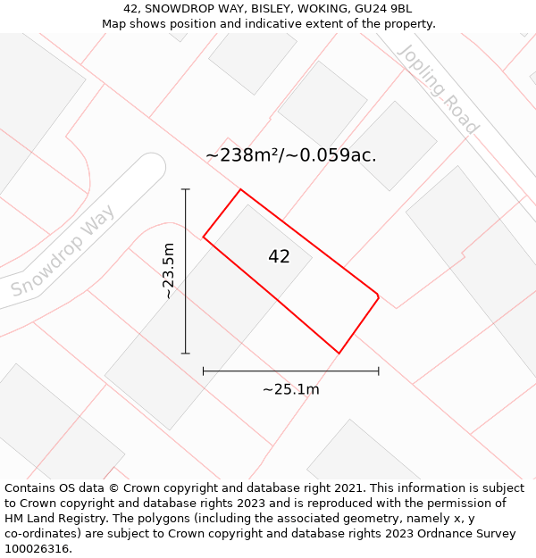 42, SNOWDROP WAY, BISLEY, WOKING, GU24 9BL: Plot and title map