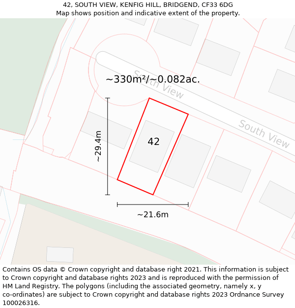 42, SOUTH VIEW, KENFIG HILL, BRIDGEND, CF33 6DG: Plot and title map