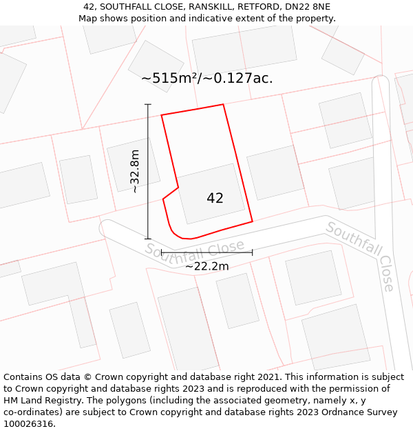 42, SOUTHFALL CLOSE, RANSKILL, RETFORD, DN22 8NE: Plot and title map