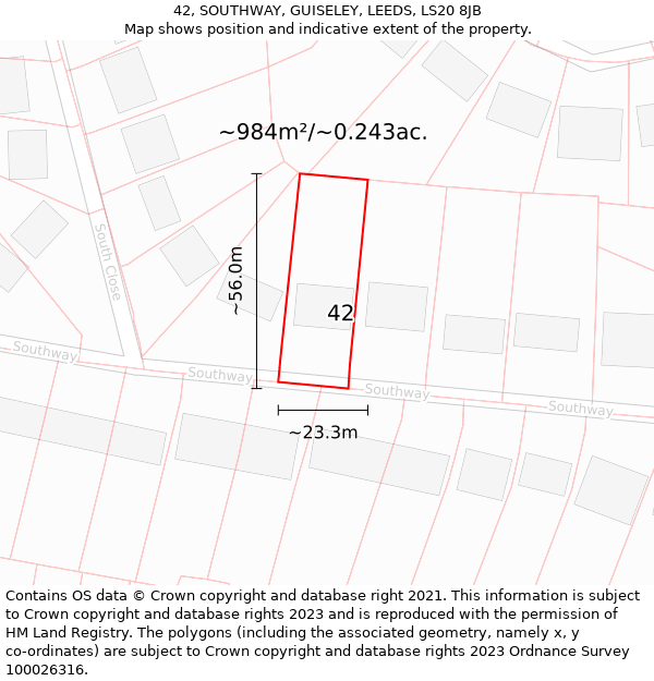 42, SOUTHWAY, GUISELEY, LEEDS, LS20 8JB: Plot and title map