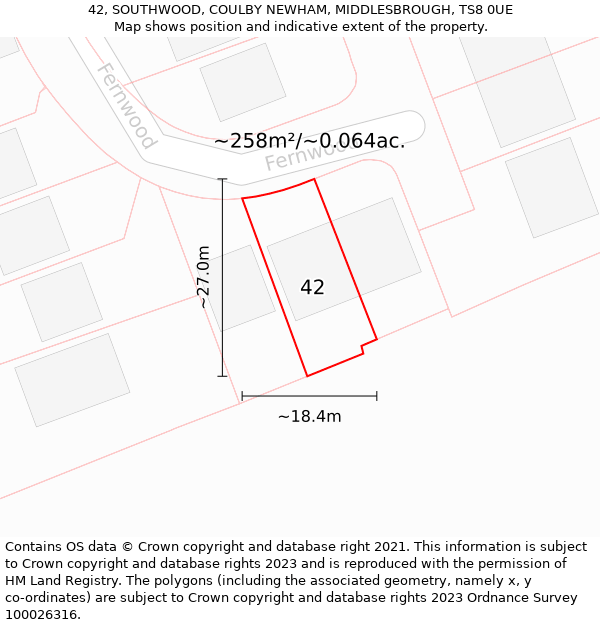 42, SOUTHWOOD, COULBY NEWHAM, MIDDLESBROUGH, TS8 0UE: Plot and title map