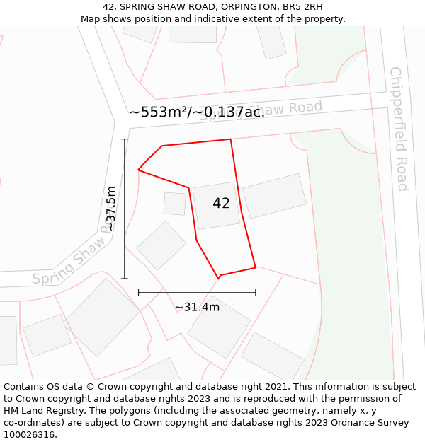 42, SPRING SHAW ROAD, ORPINGTON, BR5 2RH: Plot and title map
