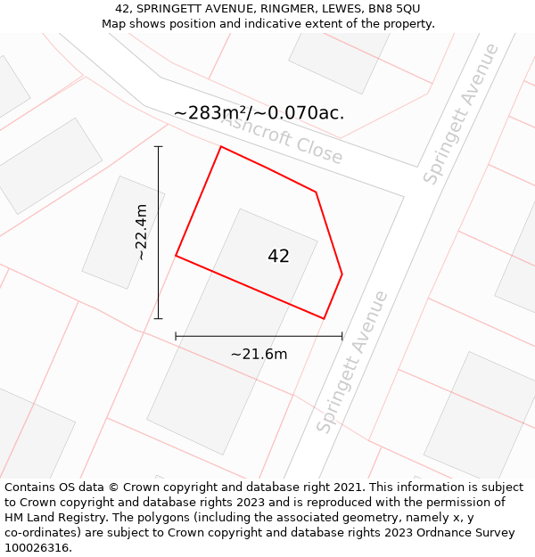 42, SPRINGETT AVENUE, RINGMER, LEWES, BN8 5QU: Plot and title map