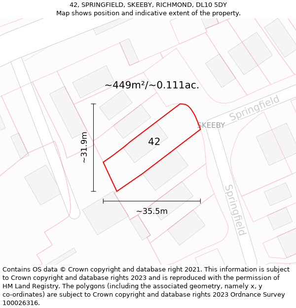 42, SPRINGFIELD, SKEEBY, RICHMOND, DL10 5DY: Plot and title map