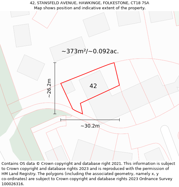 42, STANSFELD AVENUE, HAWKINGE, FOLKESTONE, CT18 7SA: Plot and title map