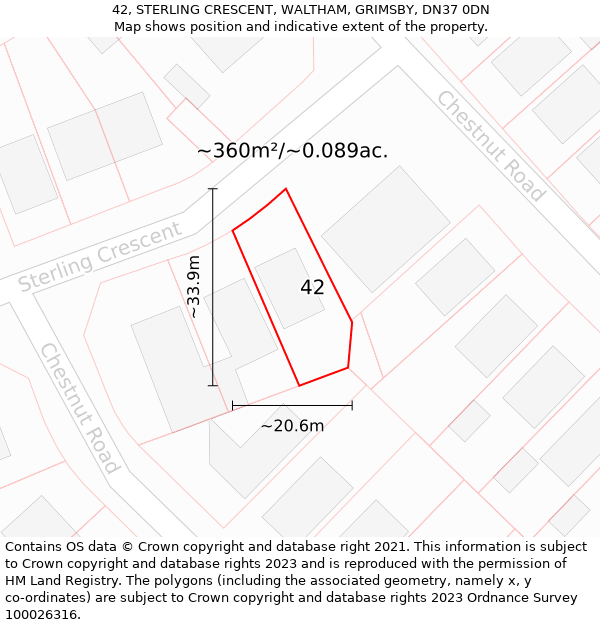 42, STERLING CRESCENT, WALTHAM, GRIMSBY, DN37 0DN: Plot and title map