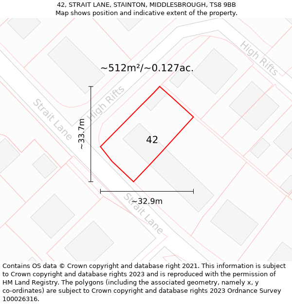 42, STRAIT LANE, STAINTON, MIDDLESBROUGH, TS8 9BB: Plot and title map